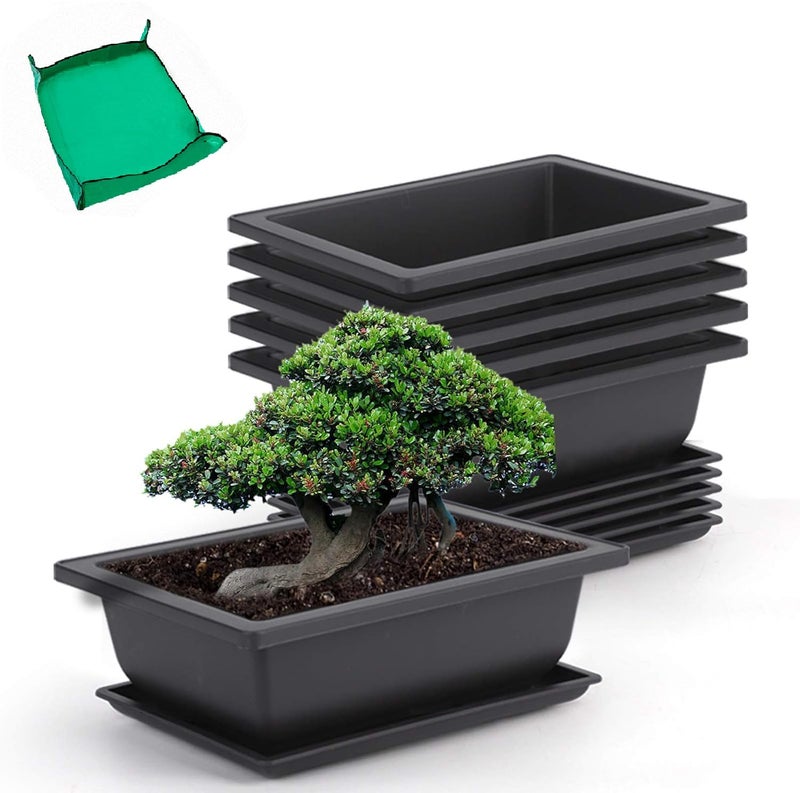 GROWNEER 6 Pack 9 Inch Bonsai Pots with Drainage Humidity Trays, Bonsai Tree Training Kits with 1 Repotting Mat, Rectangle Planter Plants Container Growing Pot for Garden Outside Indoor - Image 1